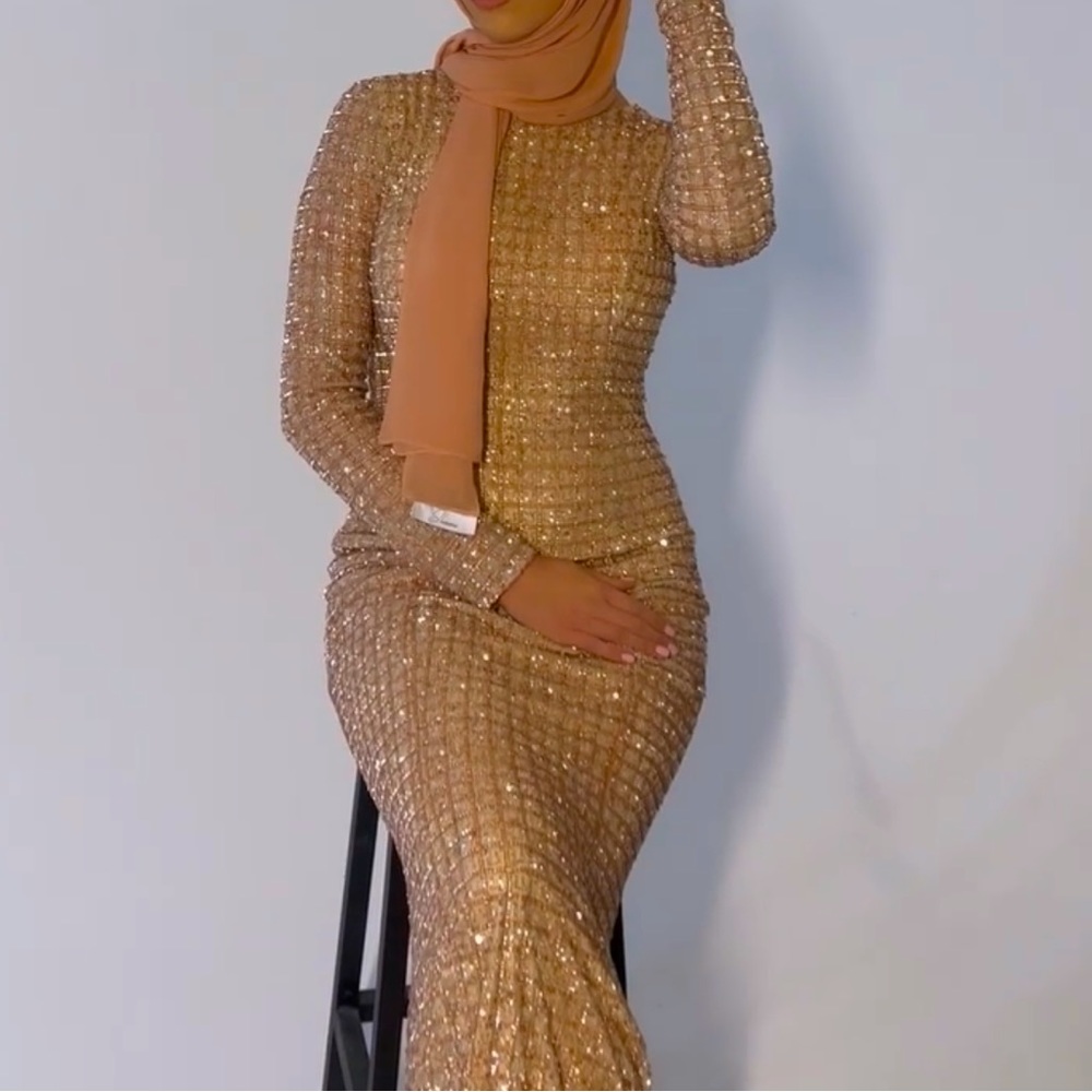 Pink Embellished Long Sleeve Evening Dress